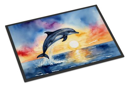 Dolphin Leaping at Sunrise Doormat Front Door Mat Indoor Outdoor Rugs for Entryway, Non Slip Washable Low Pile, 24H X 36W