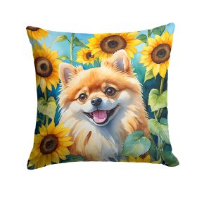 Pomeranian in Sunflowers Throw Pillow Machine Washable, Indoor Outdoor Decorative Pillow for Couch, Bed or Patio, 14Hx14W
