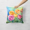 Ranunculus in Watercolor Throw Pillow Machine Washable, Indoor Outdoor Decorative Pillow for Couch, Bed or Patio, 18Hx18W