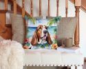Basset Hound Luau Throw Pillow Machine Washable, Indoor Outdoor Decorative Pillow for Couch, Bed or Patio, 14Hx14W