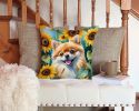 Pomeranian in Sunflowers Throw Pillow Machine Washable, Indoor Outdoor Decorative Pillow for Couch, Bed or Patio, 14Hx14W