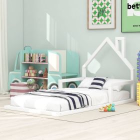 Twin Size Wood Floor Bed With House-shaped Headboard (Color: White)