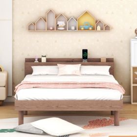Modern Design Twin Size Platform Bed Frame With Built-in USB For White Washed Color (Option: Walnut)