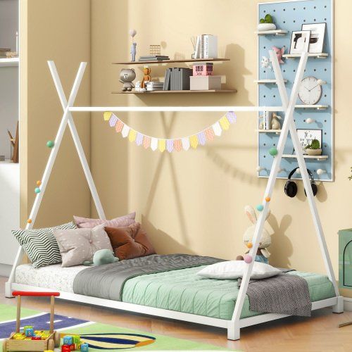 Metal Twin Size House Platform Bed With Triangle Structure