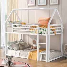 Twin Over Twin House Bunk Bed With Built-in Ladder (Color: White)