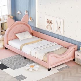 Twin Size Upholstered Daybed With Carton Ears Shaped Headboard (Color: Pink)