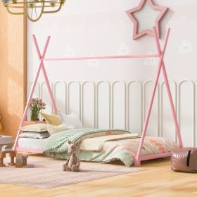 Metal Twin Size House Platform Bed With Triangle Structure (Color: Pink)